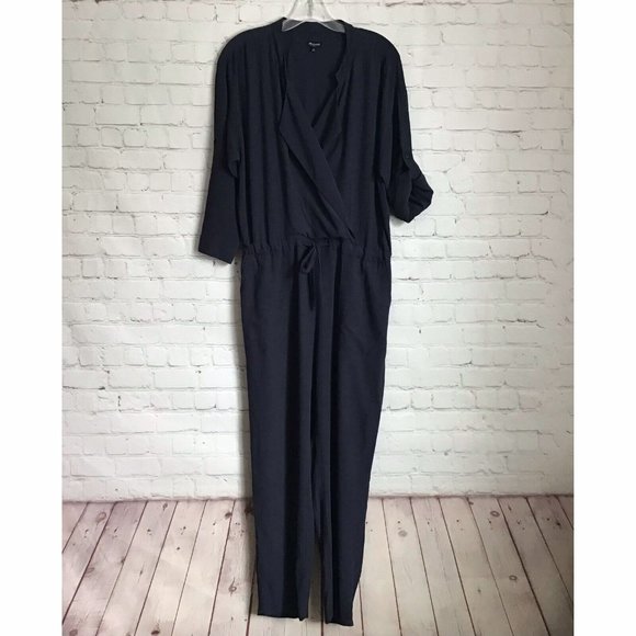 Madewell Novelist Drawstring Jumpsuit womans Medium Navy Blue Cropped V Neck - Picture 3 of 7